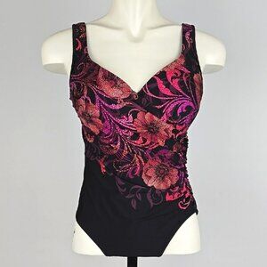 MIRACLESUIT Women's One Piece Tummy Control Swimsuit Black Pink Floral Size 10